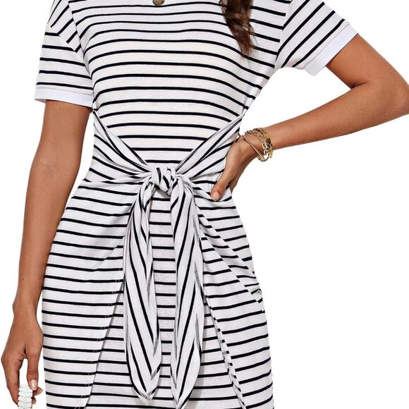 Striped Shirt Dresses for Women Front Tie Crewneck Wrap Dress Short Sleeve T -Shi